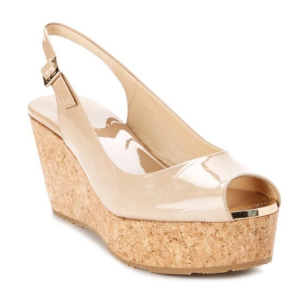 Jimmy Choo Praise Nude Patent Cork Wedge Heel Slingback Pumps Sz 7.5 box bag